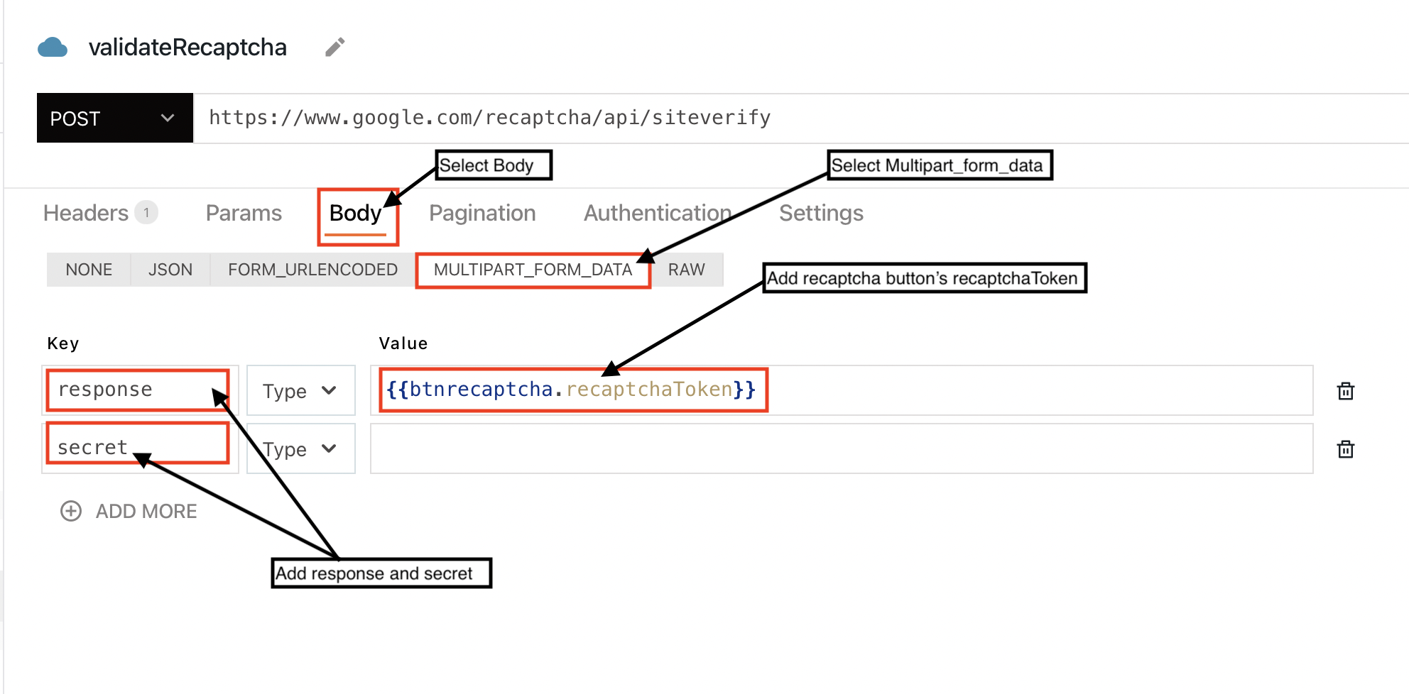 Add response and secret to Body - Multipart form data.